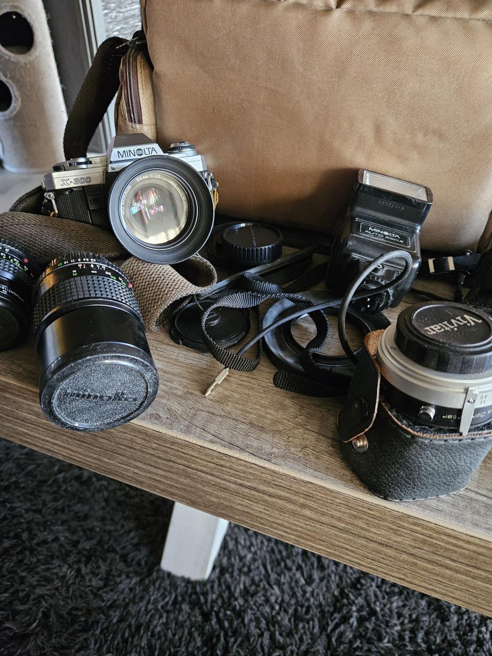 Vintage Minolta spiegelreflex camera X 300 met extra lenzen