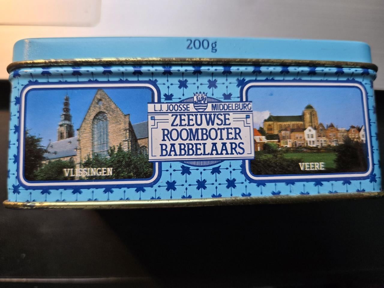 Vintage blik voor Zeeuwse roomboterbabbelaars L.J. Joosse 11.5x7x5cm
