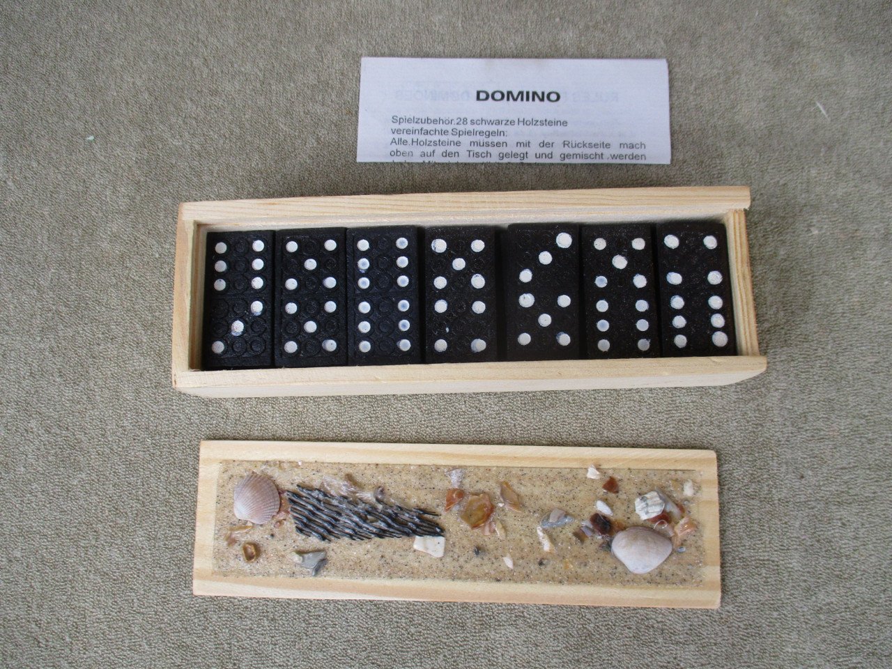 Domino spel in houten schuifdoosjes met stranddecoratie, 7 stuks