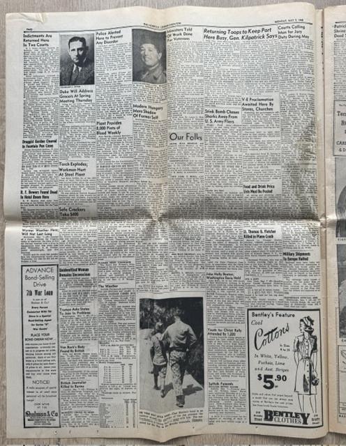 Krant “Norfolk Ledger-Dispatch” van 7 mei 1945, einde tweede wereldoorlog