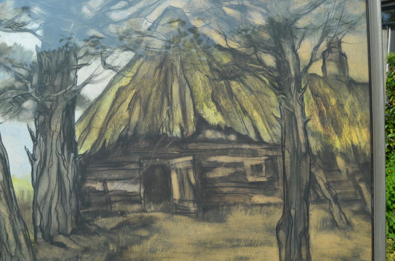 Grote aquarel Fred Slips boerenwoning in een dennenbos