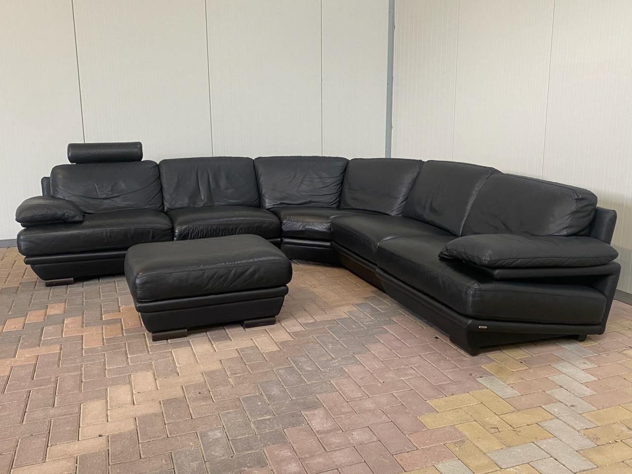 Natuzzi Zwart Echt Lederen Hoekbank met Hocker- Gratis Levering NL
