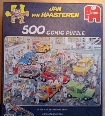 Legpuzzel Jan van Haasteren, 500 stukjes, 'In de autospuiterij'