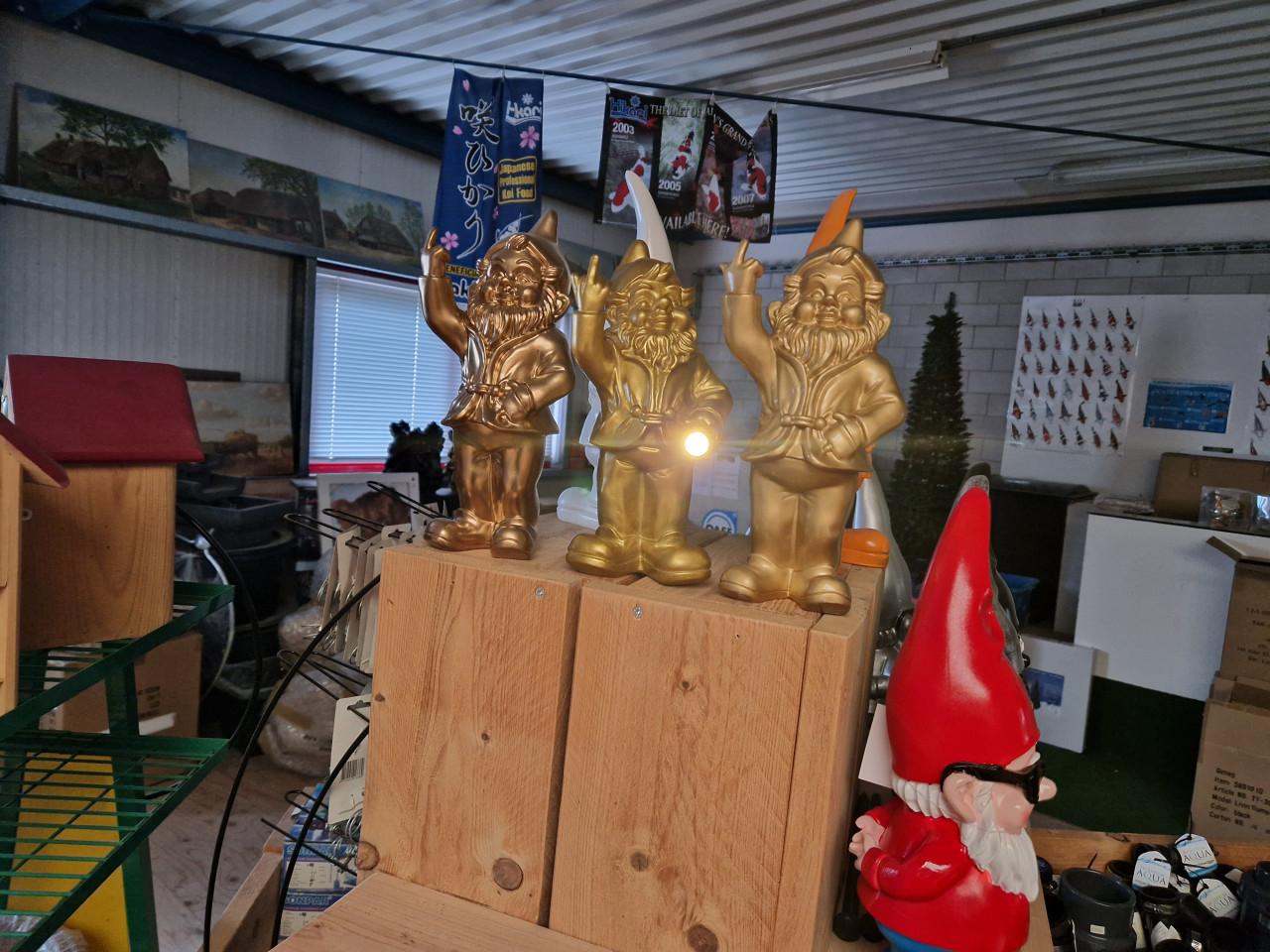 Gouden tuinkabouter met middelvinger