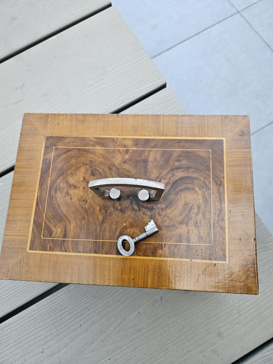 Antieke zeldzame beaumont metalen kist houtlook met sleutel