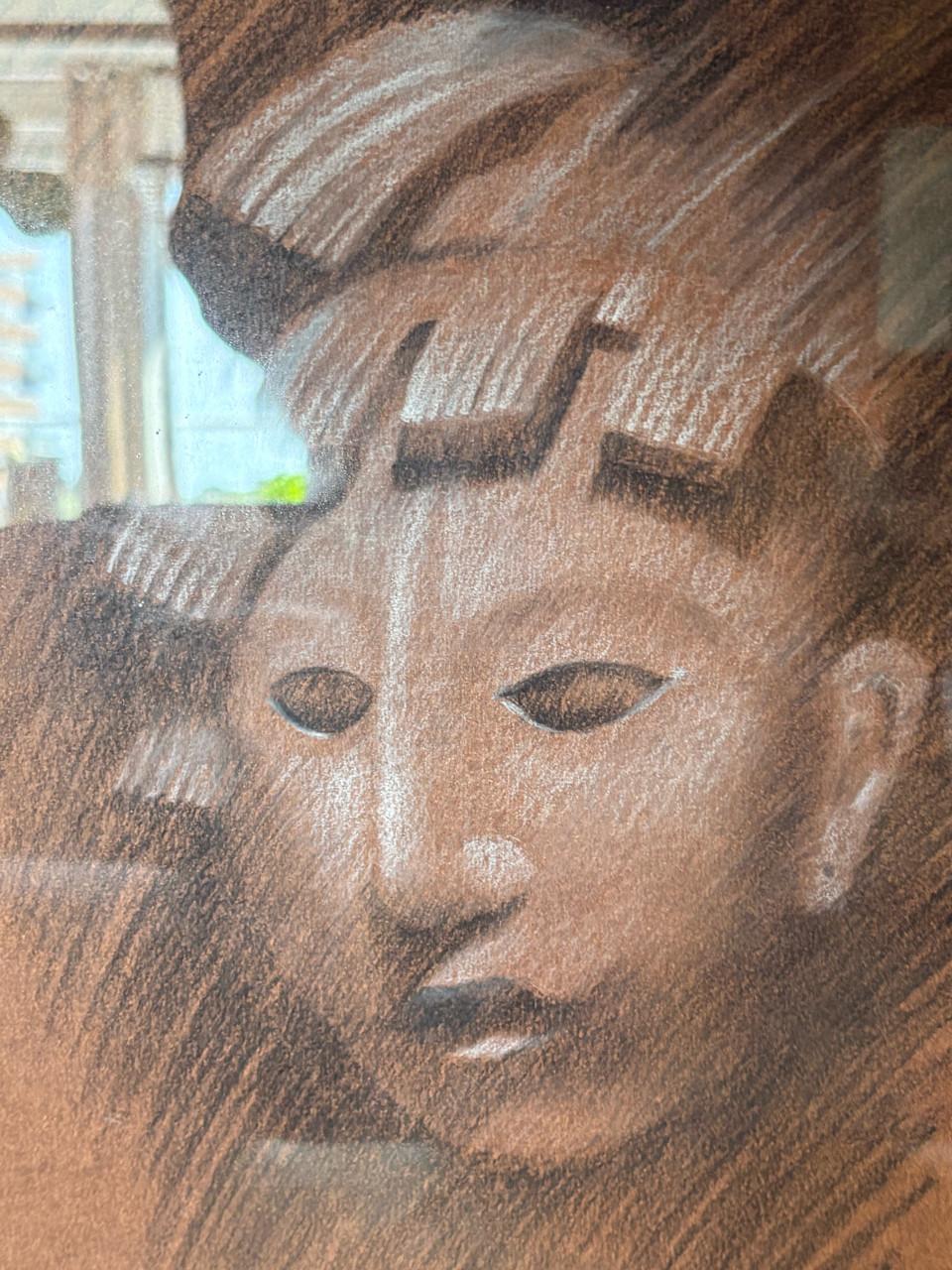 2 Houtskool prenten met personages uit de Maja-cultuur,