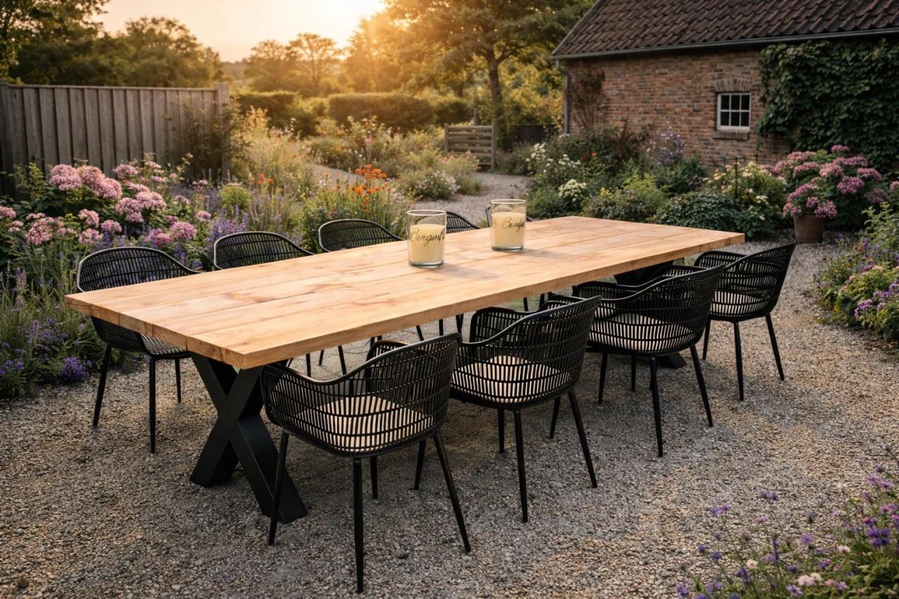 NIEUWE DOUGLAS TUINTAFEL 250/300 CM MET STALEN X POTEN