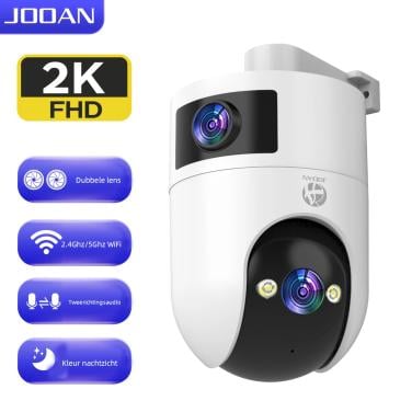 JOOAN beveiligingscamera met dubbele lens en 360°-zicht.