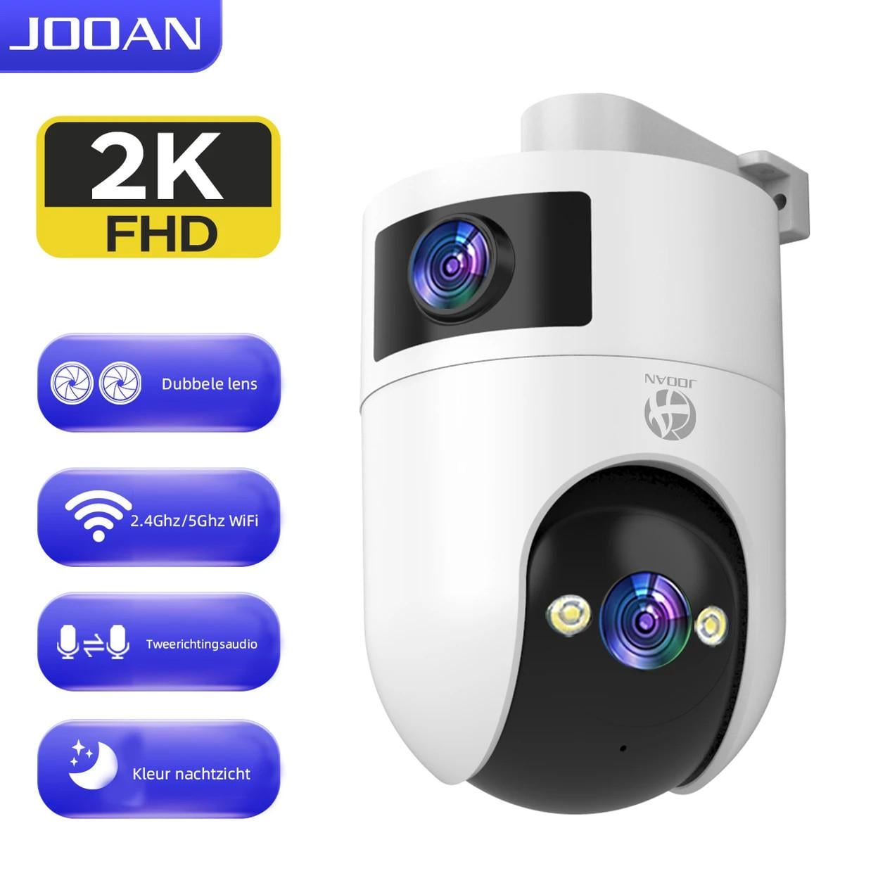 JOOAN beveiligingscamera met dubbele lens en 360°-zicht.