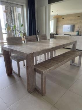 Eetkamer set massief gerecycleerd teak – modern landelijk – whitewash