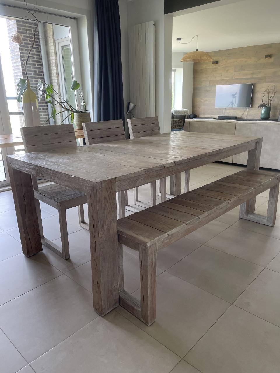 Eetkamer set massief gerecycleerd teak – modern landelijk – whitewash