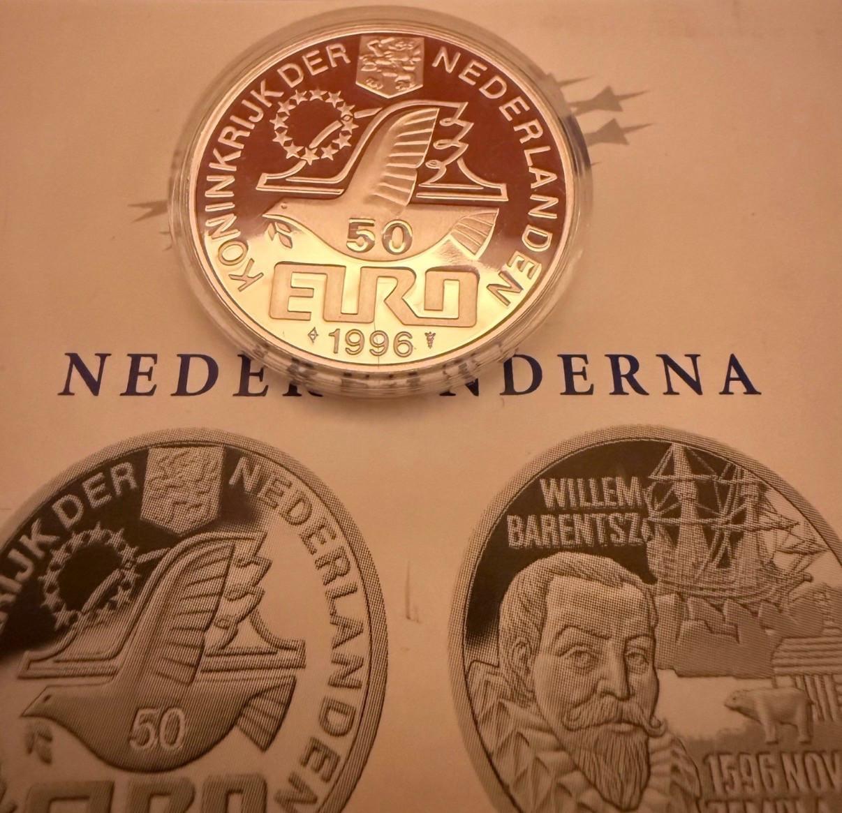Zilveren 50 Euro munt ter herdenking van Willem Barentsz uit 1996.