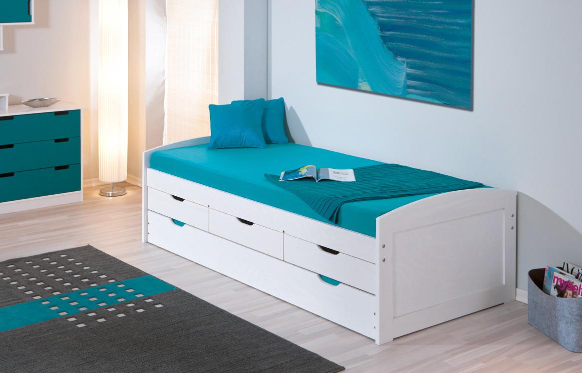 Kinderbed in Wit grenen massief hout 90 x 200 cm. 3 lades