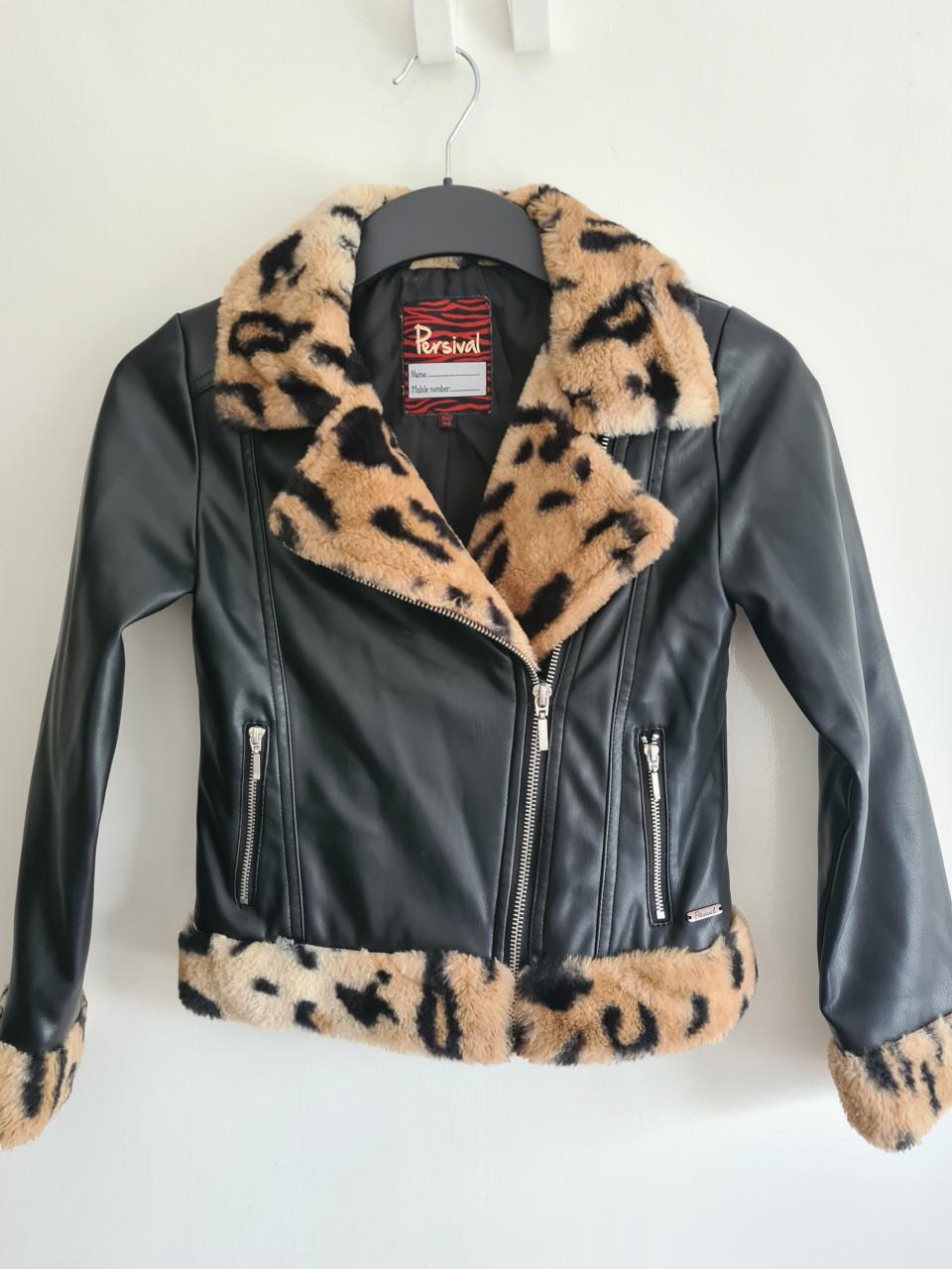 Stoere Persival PU leer meisjes jas met luipaardprint bont
