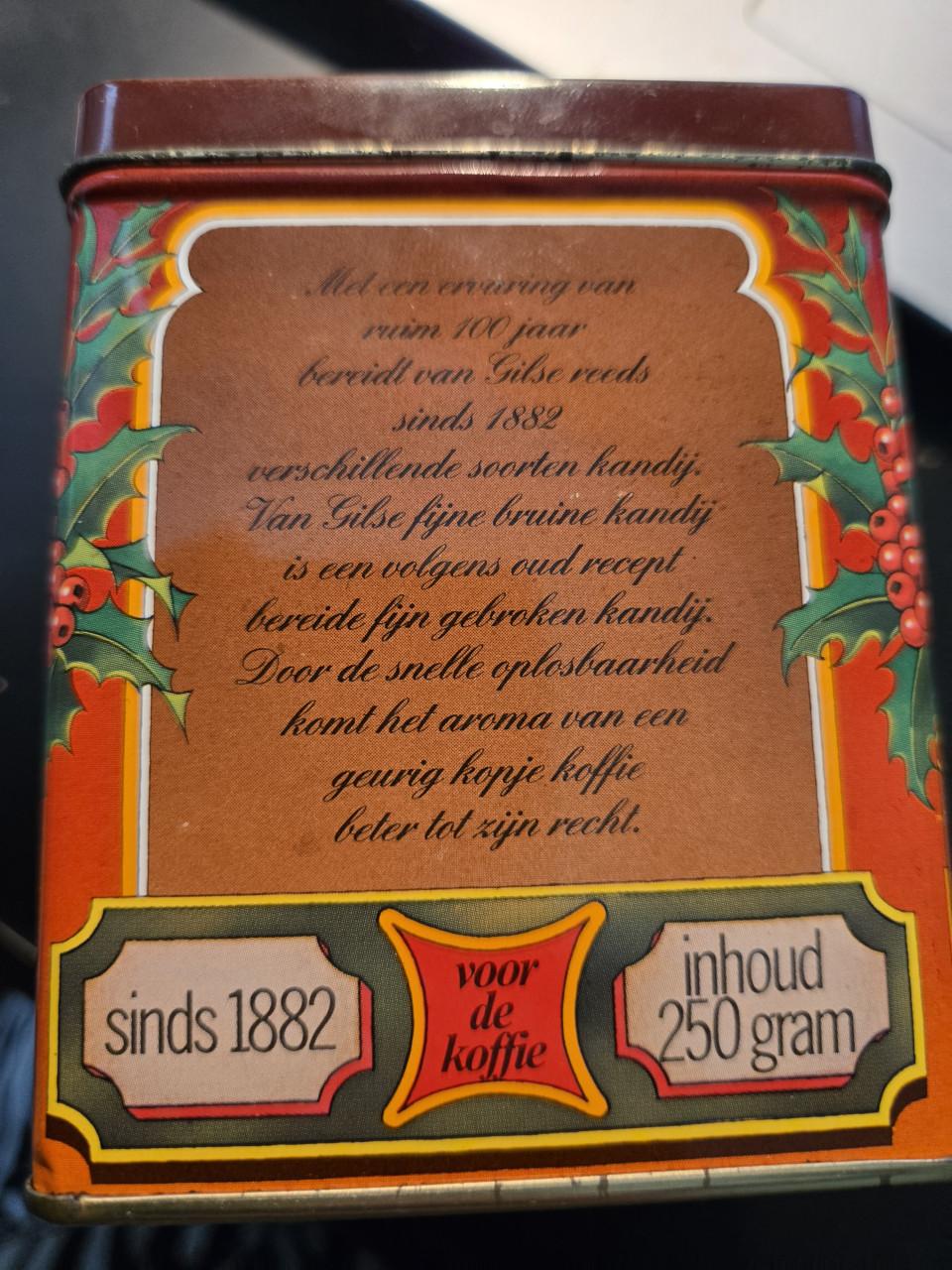 Vintage bewaarblik van het merk Van Gilse, H 9x B 7.5x7.5 cm