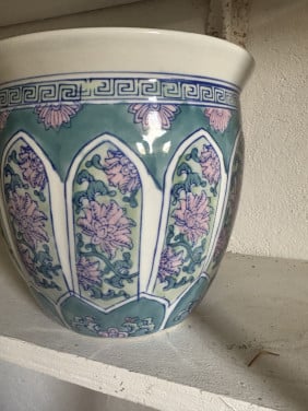 Bloempot, turquise met bloemdecoratie
