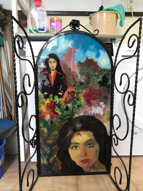 Te koop; glas schilderij kunst Vicky Leandros  haardscherm vintage retro