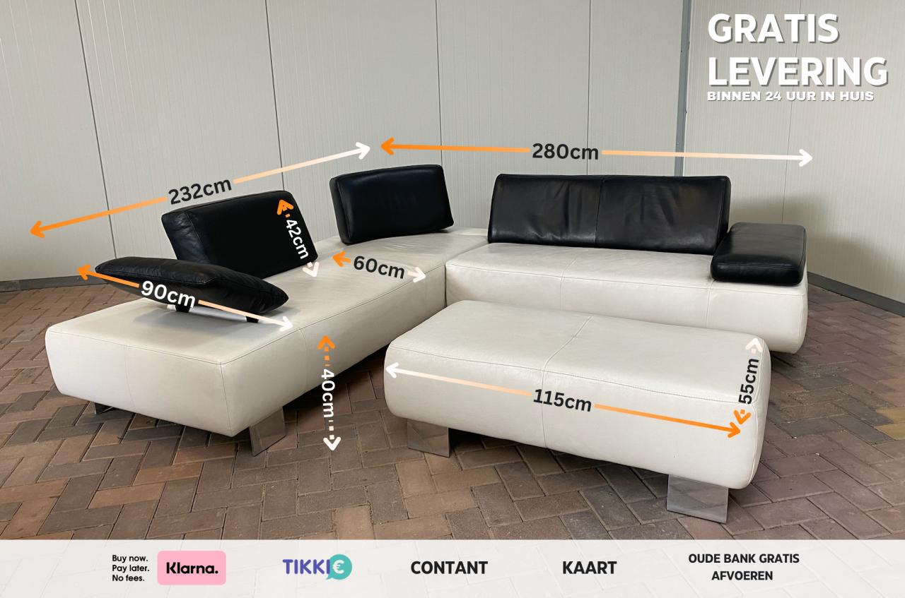 GRATIS LEVERING HEEL NL Montel Wit Echt Leer Hoekbank + Hocker