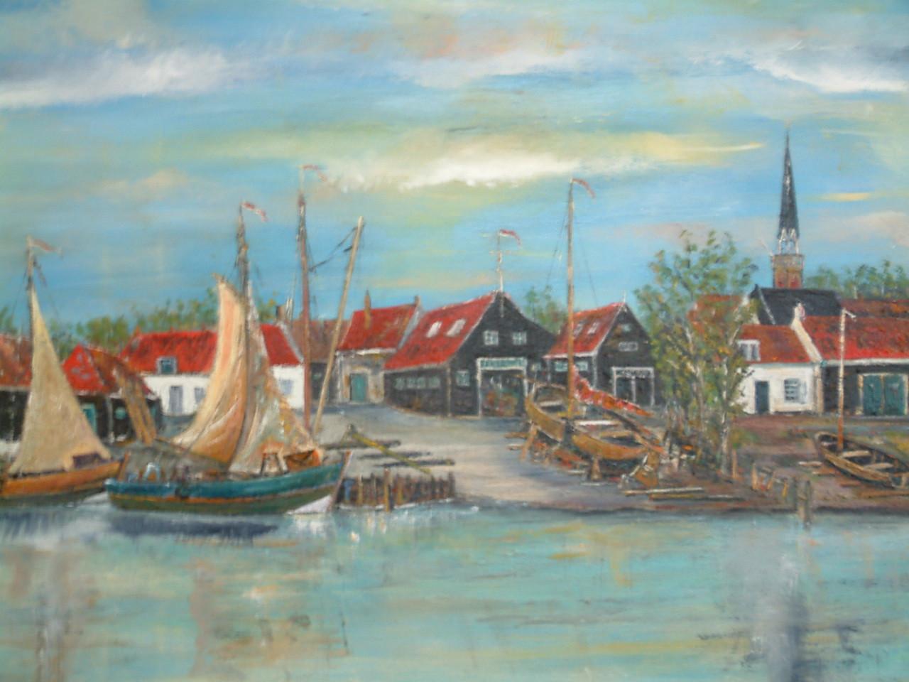 Schilderij van Arnemuiden  haven  120 x 60 cm olieverf   Jac Caljouw