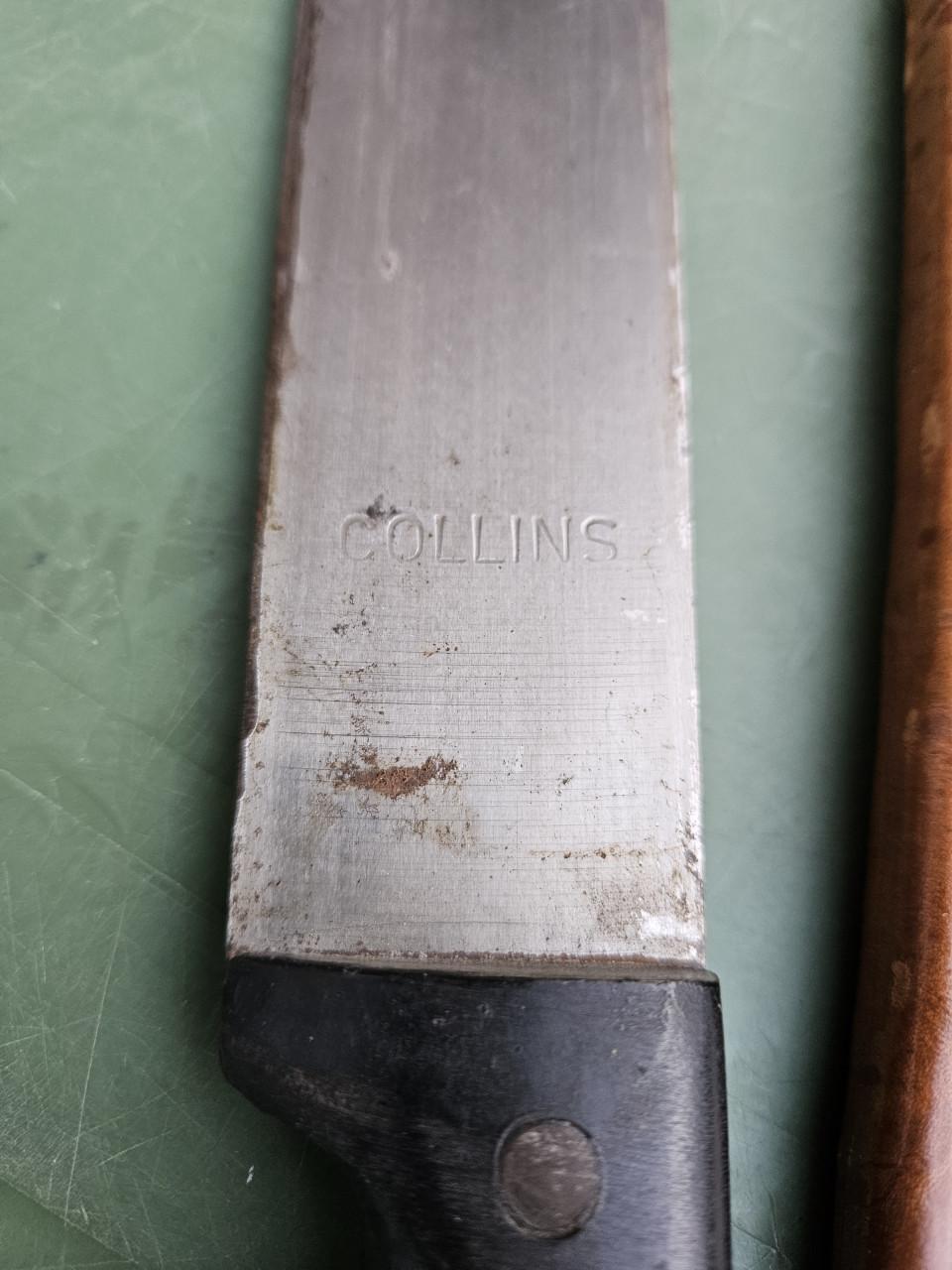 Prachtige grote Collins machete Wo2 met leren schede...