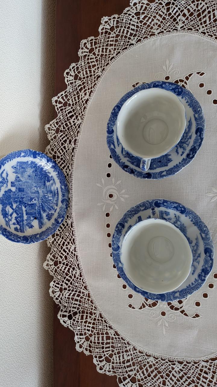 Antieke Delfts Blauwe kop en schotel met Kasteel en Molen