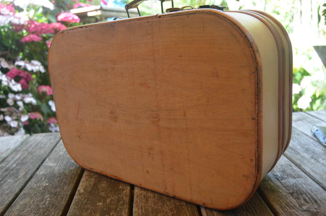 Fraai houten (kinder)koffertje bekleed met leer/skai