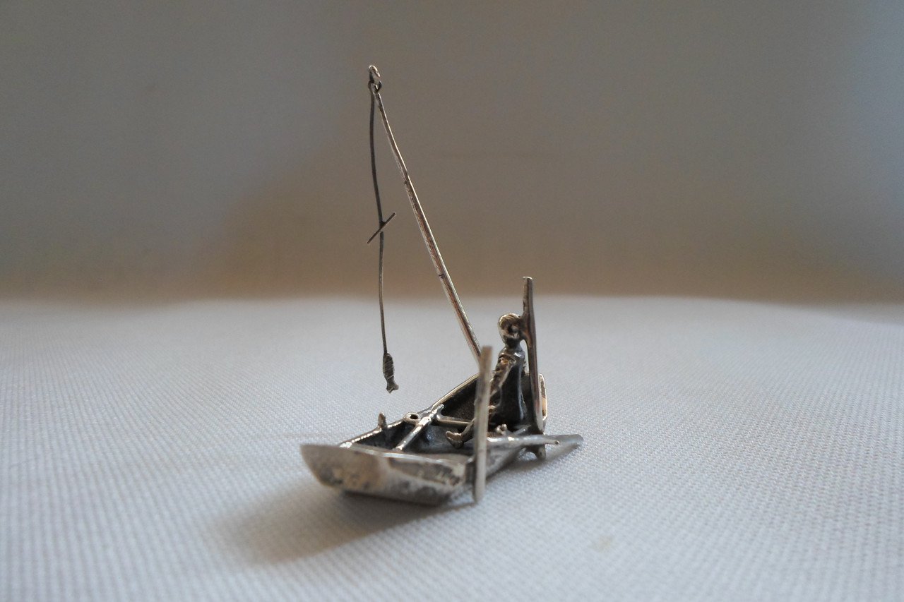 Zilver Miniatuur Visser Boot Hengel