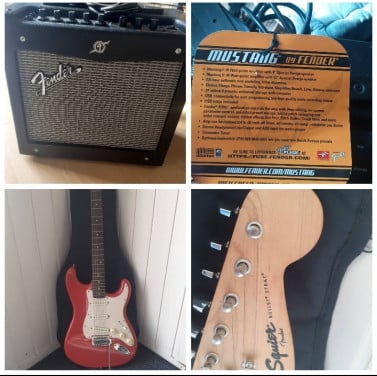Squier Sonic Stratocaster gitaar met Mustang Fender speaker