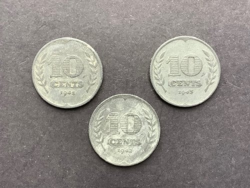 Wilhelmina, serie 10 cent zink (oorlogsgeld).