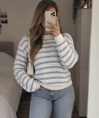 Prachtige ajourgebreide / crochet trui blauw-wit gestreept