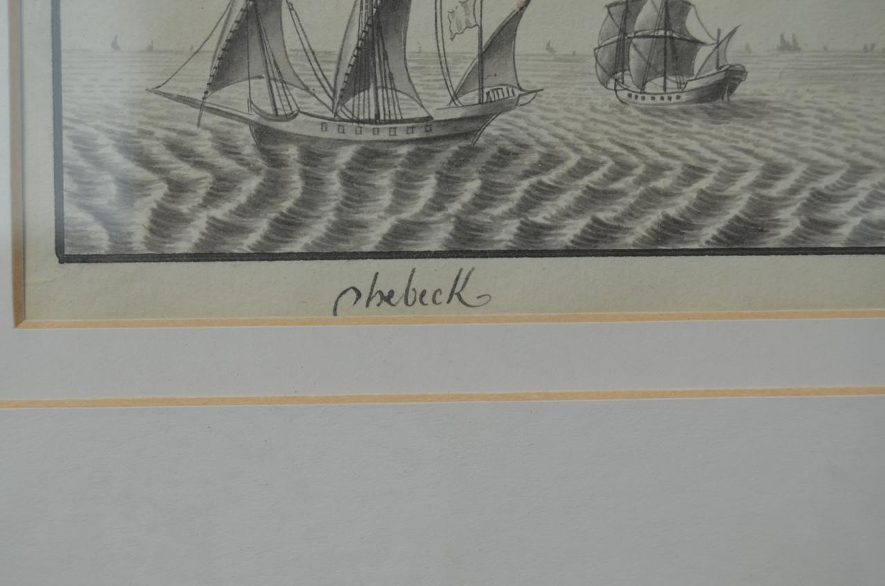 Mooie monochroom aquarel van een Chebeck / Xebec