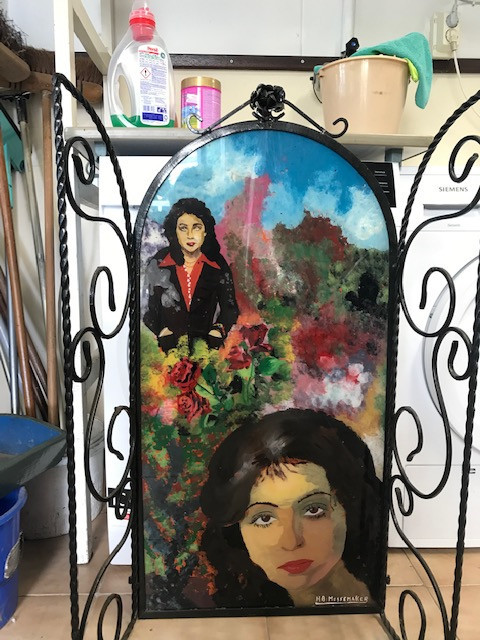 Te koop; glas schilderij kunst Vicky Leandros  haardscherm vintage retro