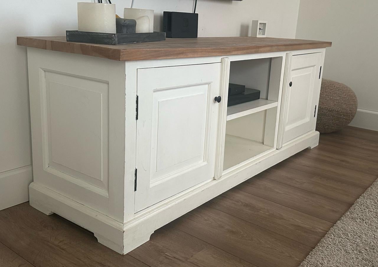 TV kast wit met teak blad