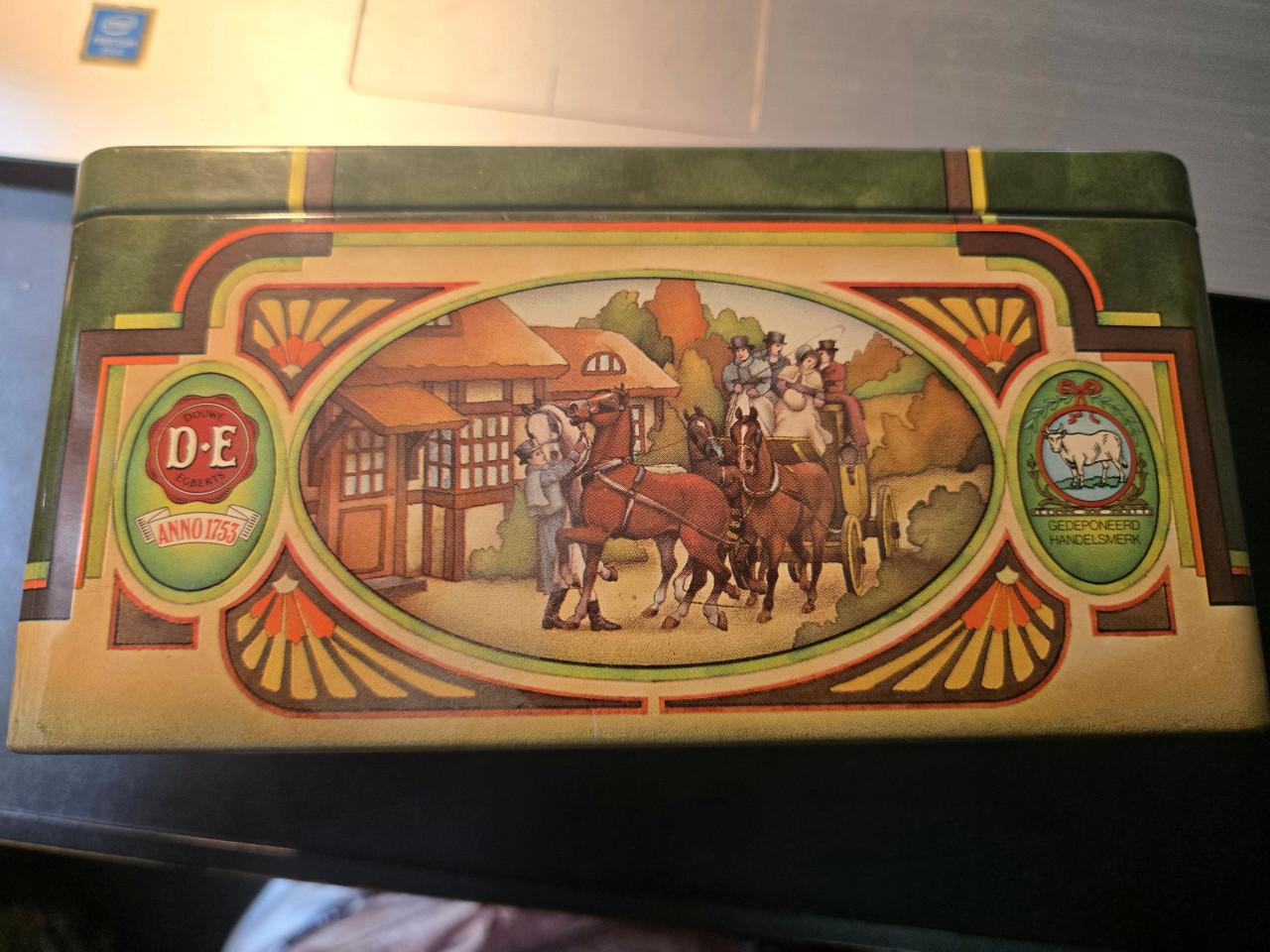 Rechthoekige groene theeblik van Douwe Egberts Pickwick