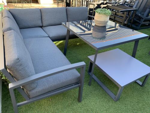 Loungset met kussens en eettafel en salontafel, Alminium.
