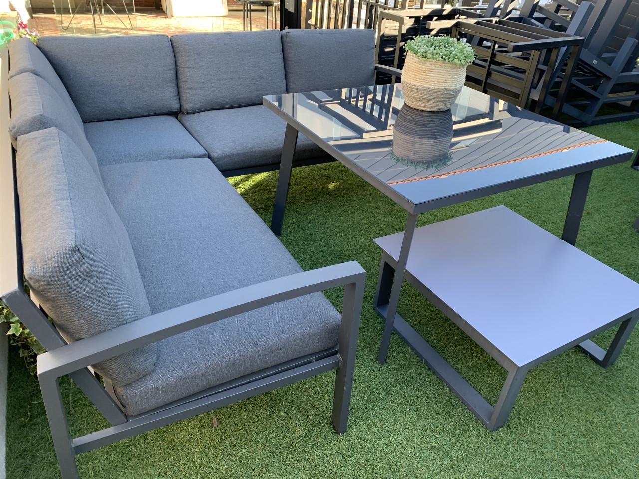 Loungset met kussens en eettafel en salontafel, Alminium.