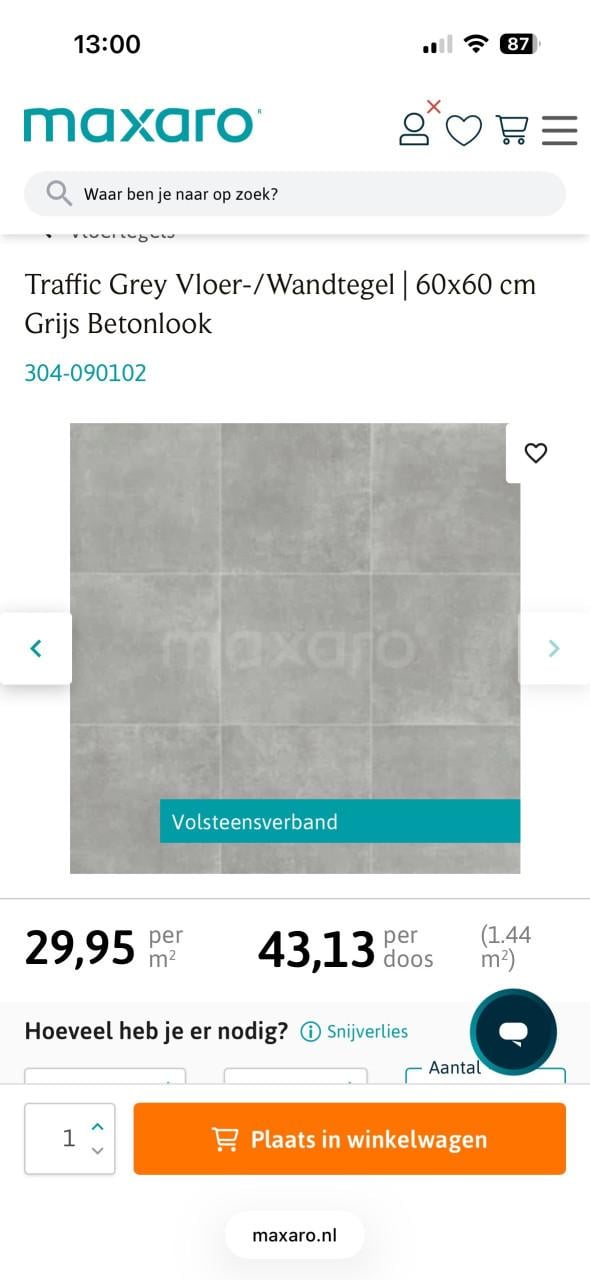 Vloer/wand tegel betonlook 11,5 m2