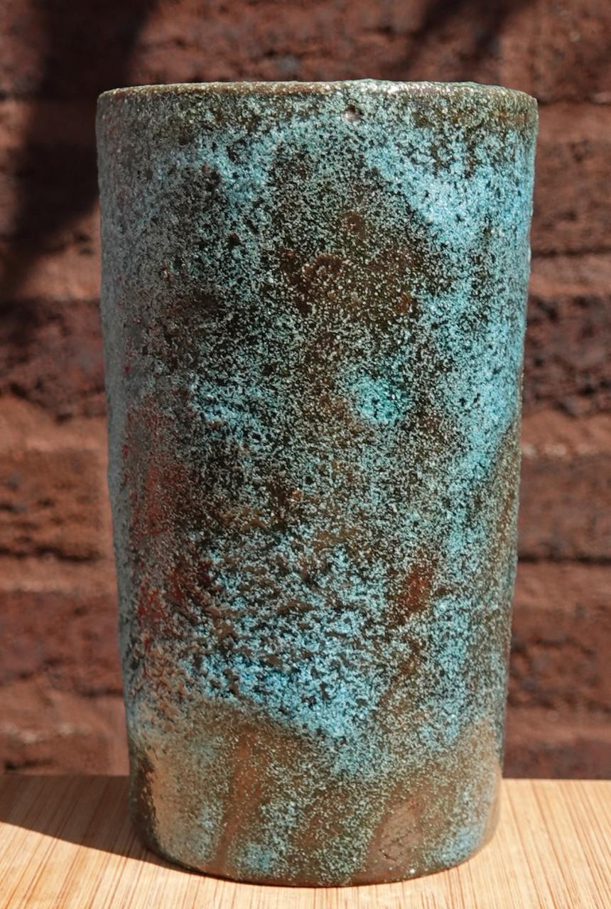 Pieter Groeneveldt vaasje blauw bruisglazuur uit '70, 11x6,5