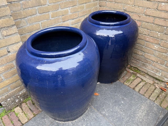 Twee grote blauwe bloempotten