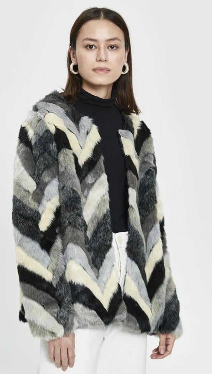 Nieuwe Seven Sister ( The Sting ) ecru, grijs ,zwart fake fur bontjas Mt M