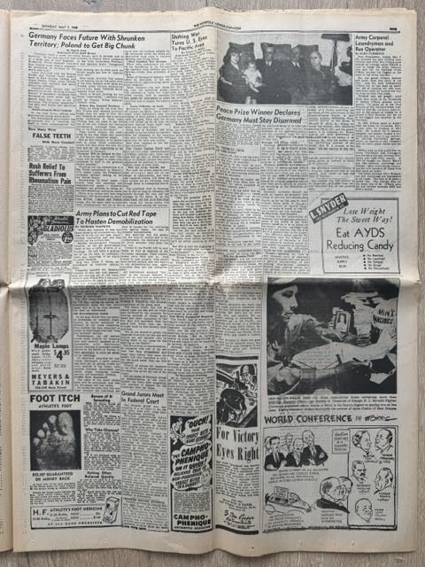 Krant “Norfolk Ledger-Dispatch” van 7 mei 1945, einde tweede wereldoorlog