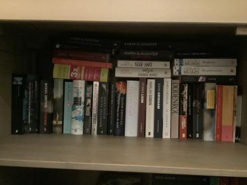 Opruiming van een stapel boeken, roman, thriller van alles wat.