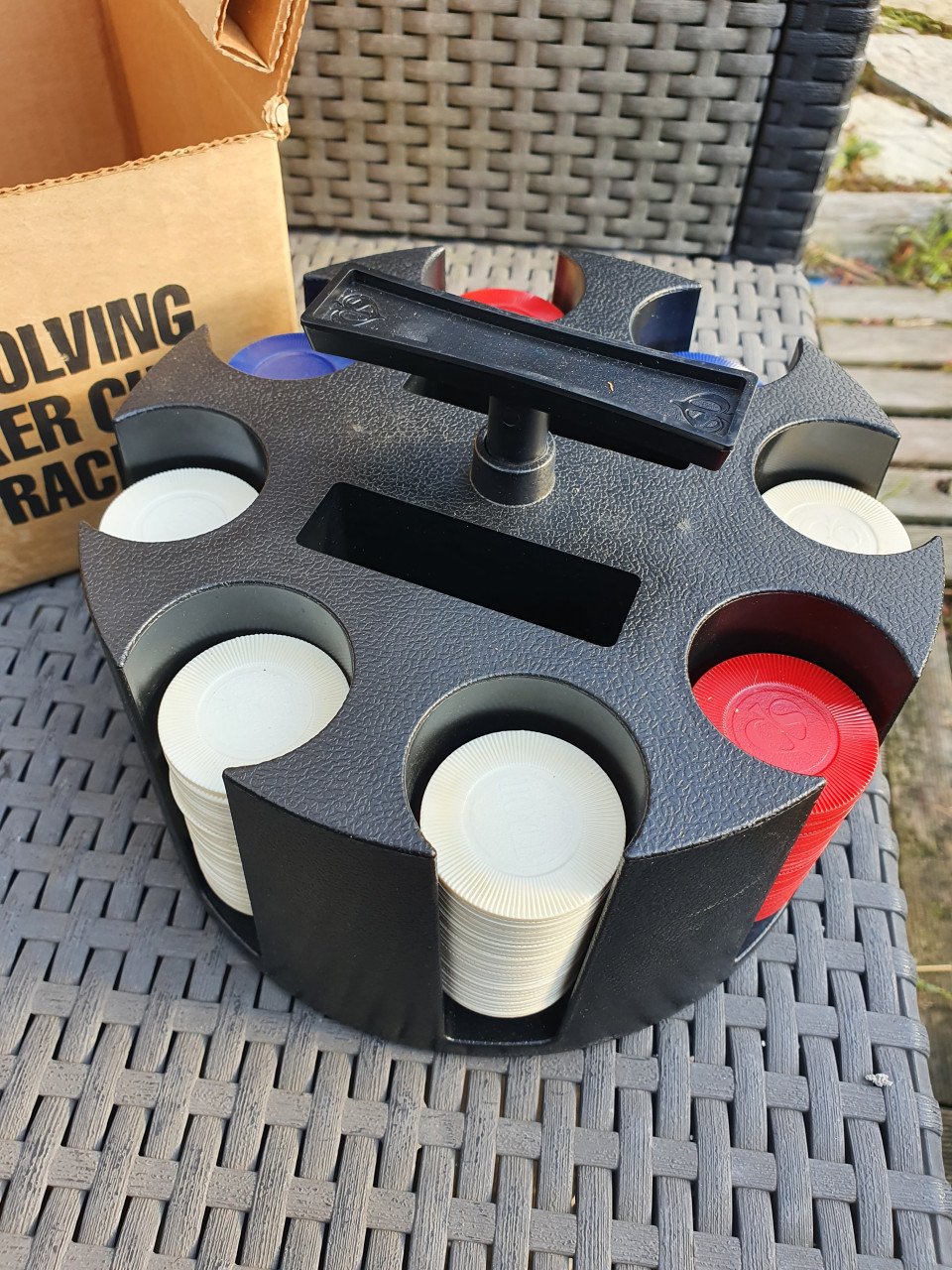 Mid Century Wooden Poker Chip Holder met Poker Chips in doos...