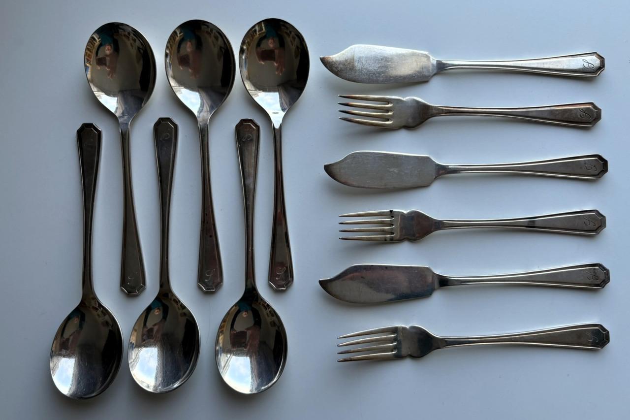 6 lepels - 3 vismessen - 3 visvorken - verzilverd