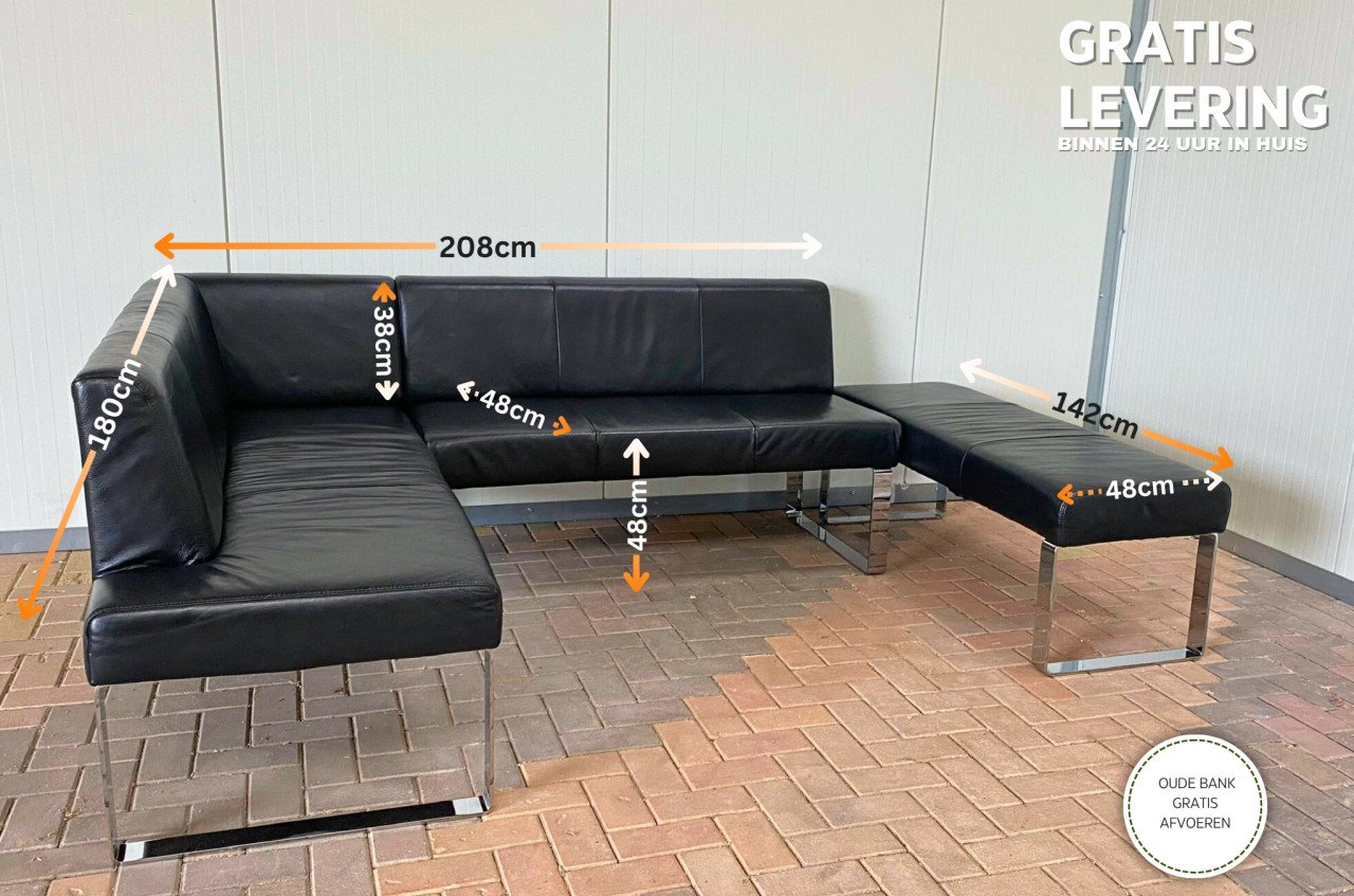 GRATIS LEVERING HEEL NL Zwart Echt Leer Eet Hoekbank met Hocker