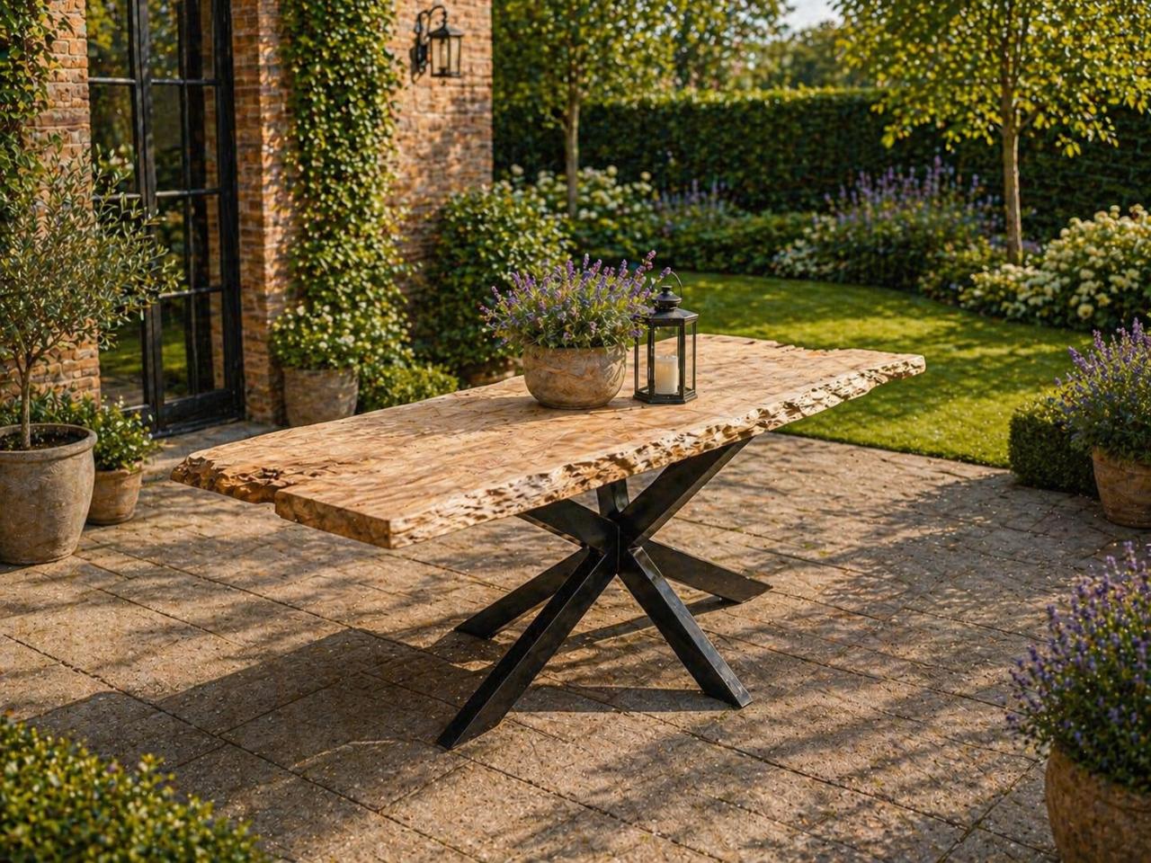 Eiken boomstamtafel / tuintafel met onderstel naar keuze 250x80