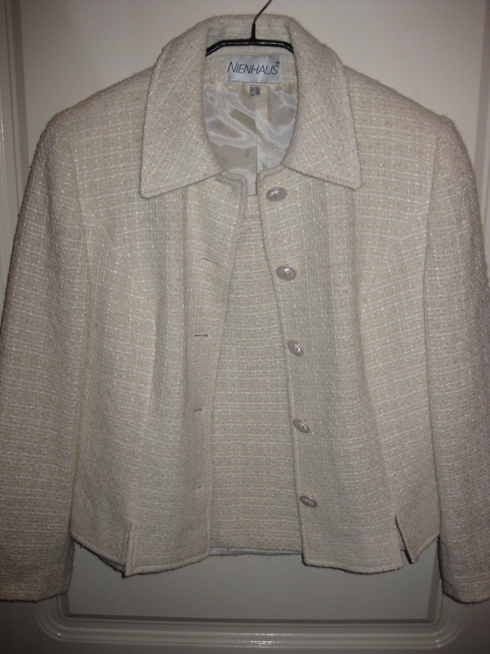 Vintage Jackie Kennedy stijl - Creme wolwit mantelpakje merk Nienhuis