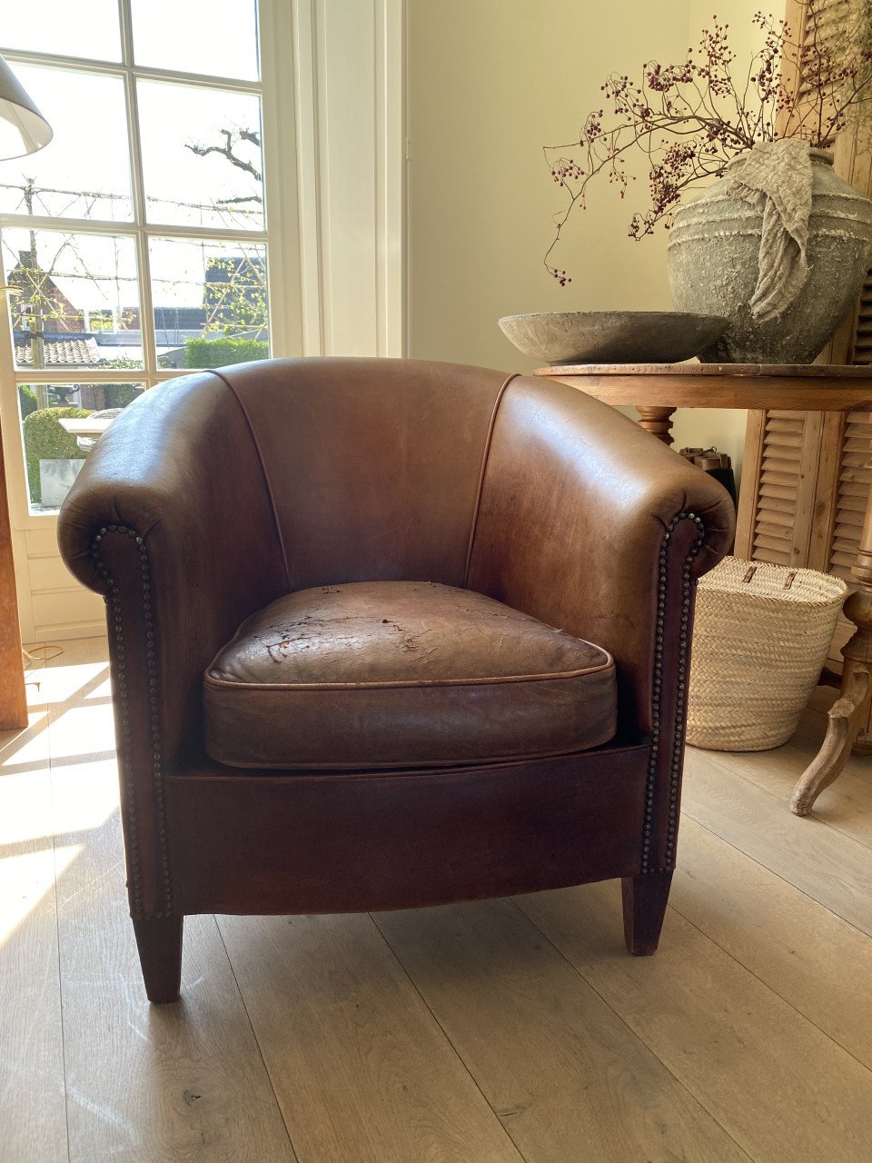Set vintage schapenleren club fauteuils