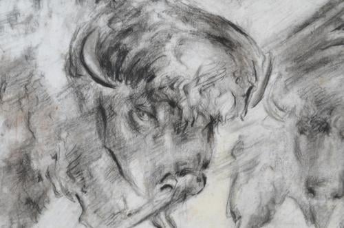 Houtskool 2 bizons in de sneeuw? H. Tummers 1991