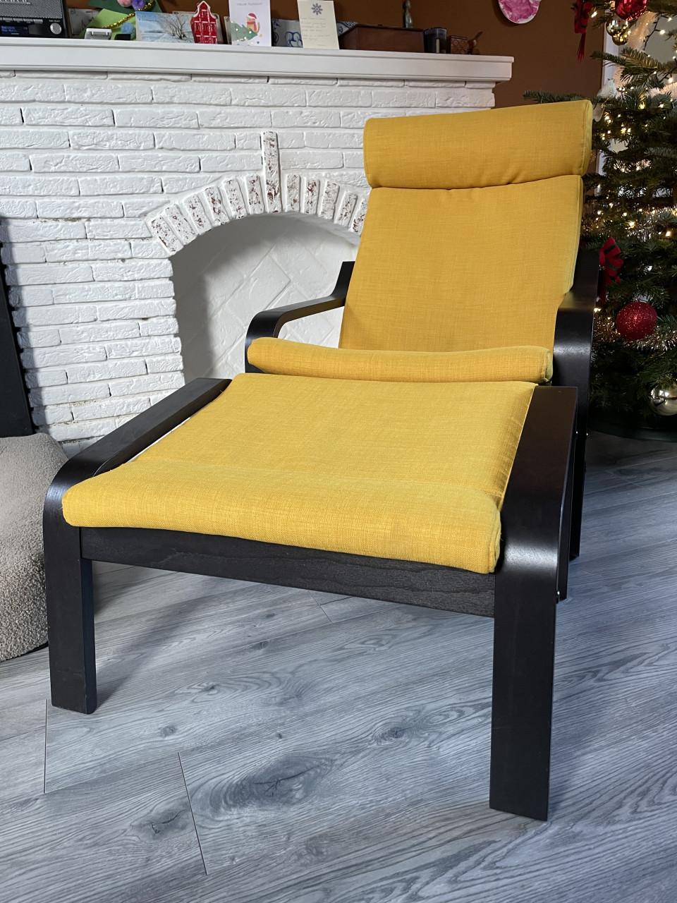 Ikea poang fauteuil met voetenbankje en 2 kussensets geel en beige